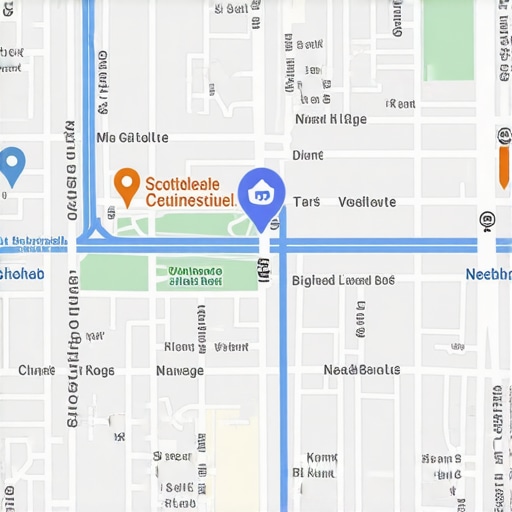 Google Maps interface with Scottsdale business markers and neighborhood highlights.