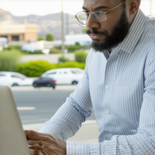 Review Response in Scottsdale Business owner engaging with reviews on a laptop with Scottsdale background.