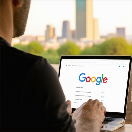 Real estate agent updating Google Business Profile on a laptop with Scottsdale city view