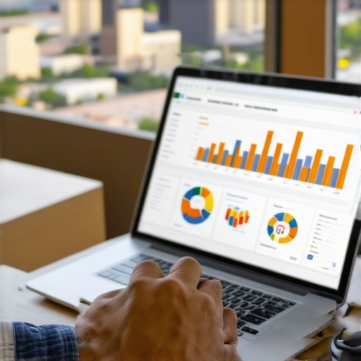 Person reviewing local SEO analytics on a laptop with city view