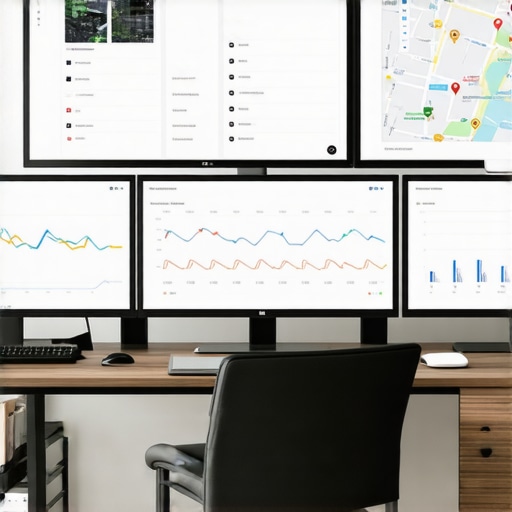 Local SEO Tools Dashboard A high-tech office setup showing SEO analytics on screens.