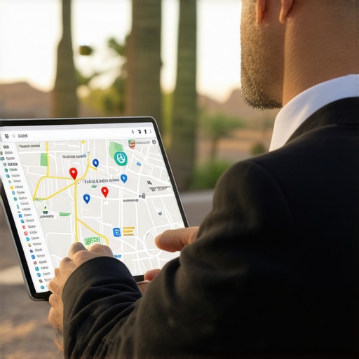 Business owner reviewing Google Business Profile amidst Scottsdale landmarks.