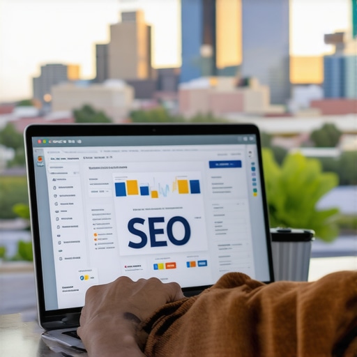 Person analyzing SEO metrics on a laptop with Scottsdale skyline behind