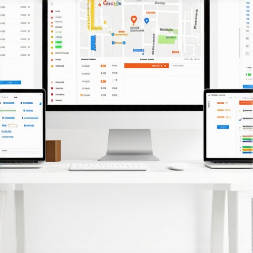 Tech setup for map and GMB management. A modern workspace with monitors displaying SEO data and map management tools.