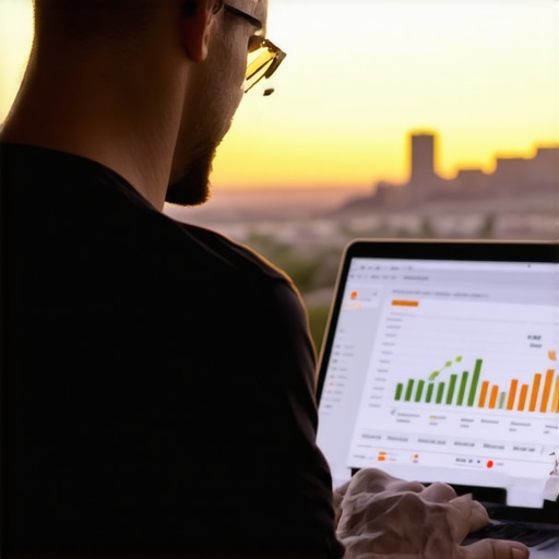 A person using SEO tools on a laptop with Scottsdale cityscape