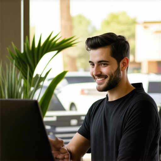 Business owner editing Google My Business profile on a laptop with Scottsdale storefront in background.