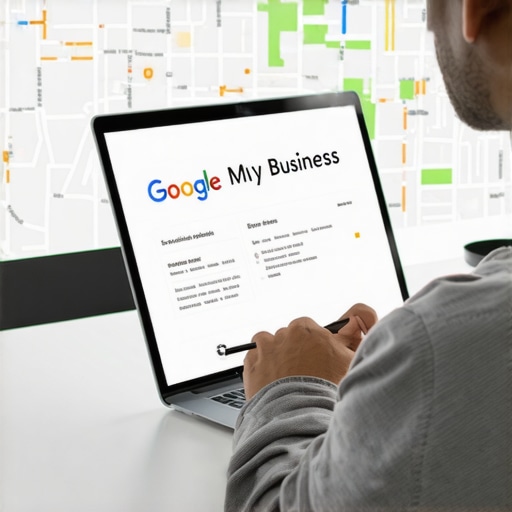 Person reviewing business profile settings on a laptop with Scottsdale city map in the background.