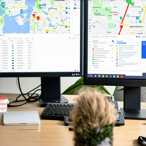 Technician analyzing local SEO metrics using tools on a computer in an office.