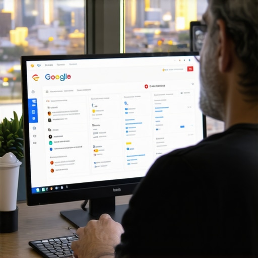 Business owner analyzing Google My Business profile on computer with Scottsdale skyline