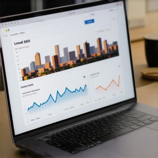 A laptop screen showing local SEO dashboard with Scottsdale skyline in background.