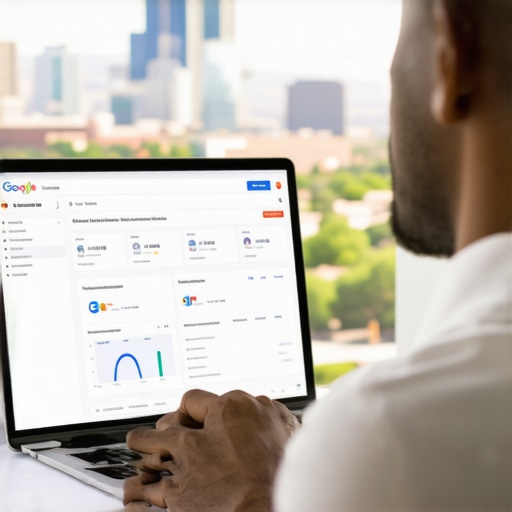 Business owner analyzing Google Business Profile statistics with Scottsdale skyline in background.