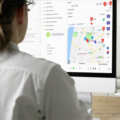 Person editing Google Business Profile on a laptop with maps and SEO analytics